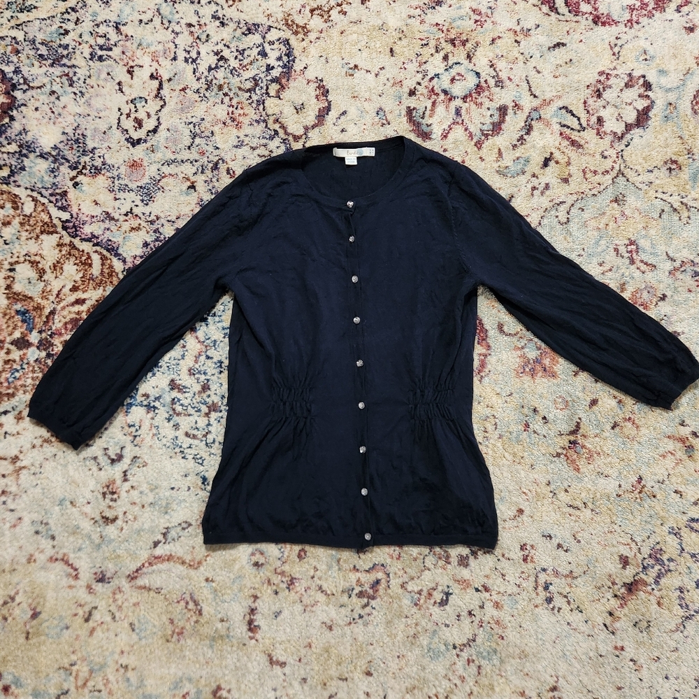 Boden 100% Wool Cardigan US 8 Navy Blue Smocked Sweater